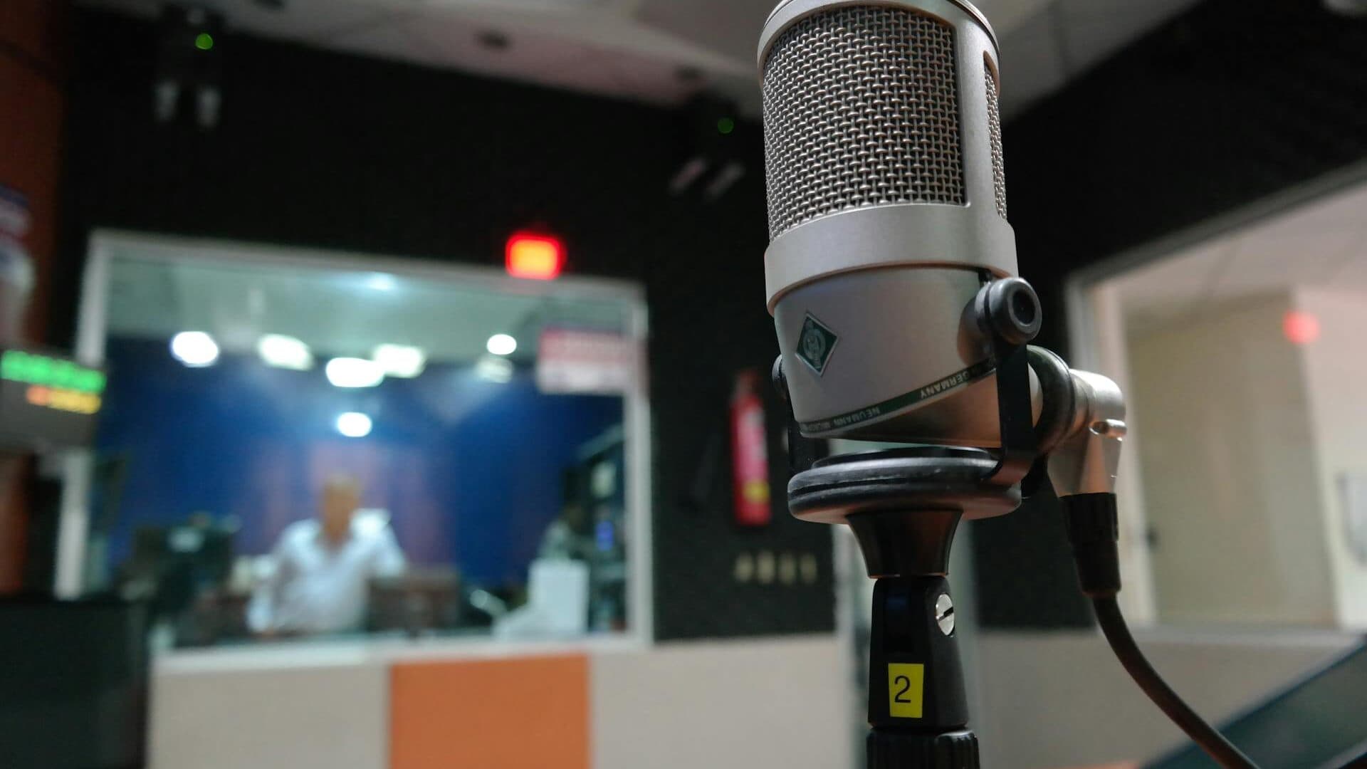 Radio station microphone in a broadcast studio
