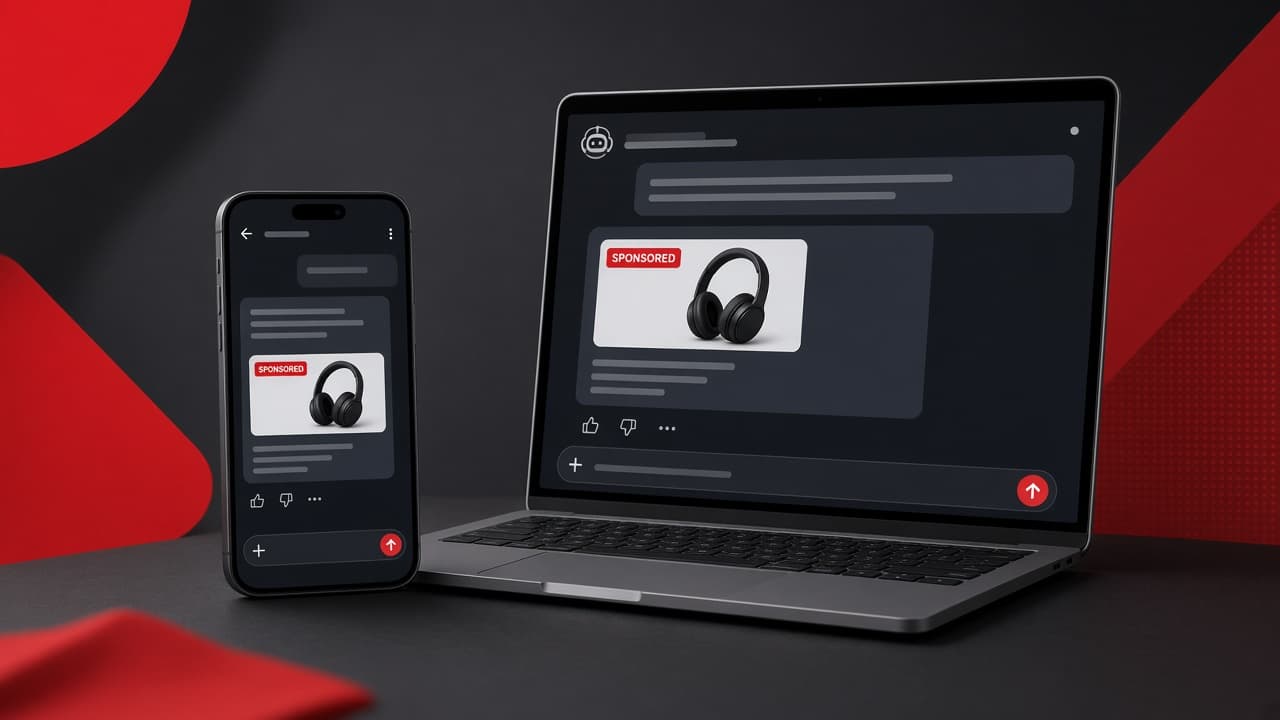 An AI chat assistant on a phone and laptop showing a sponsored product ad inside its answer