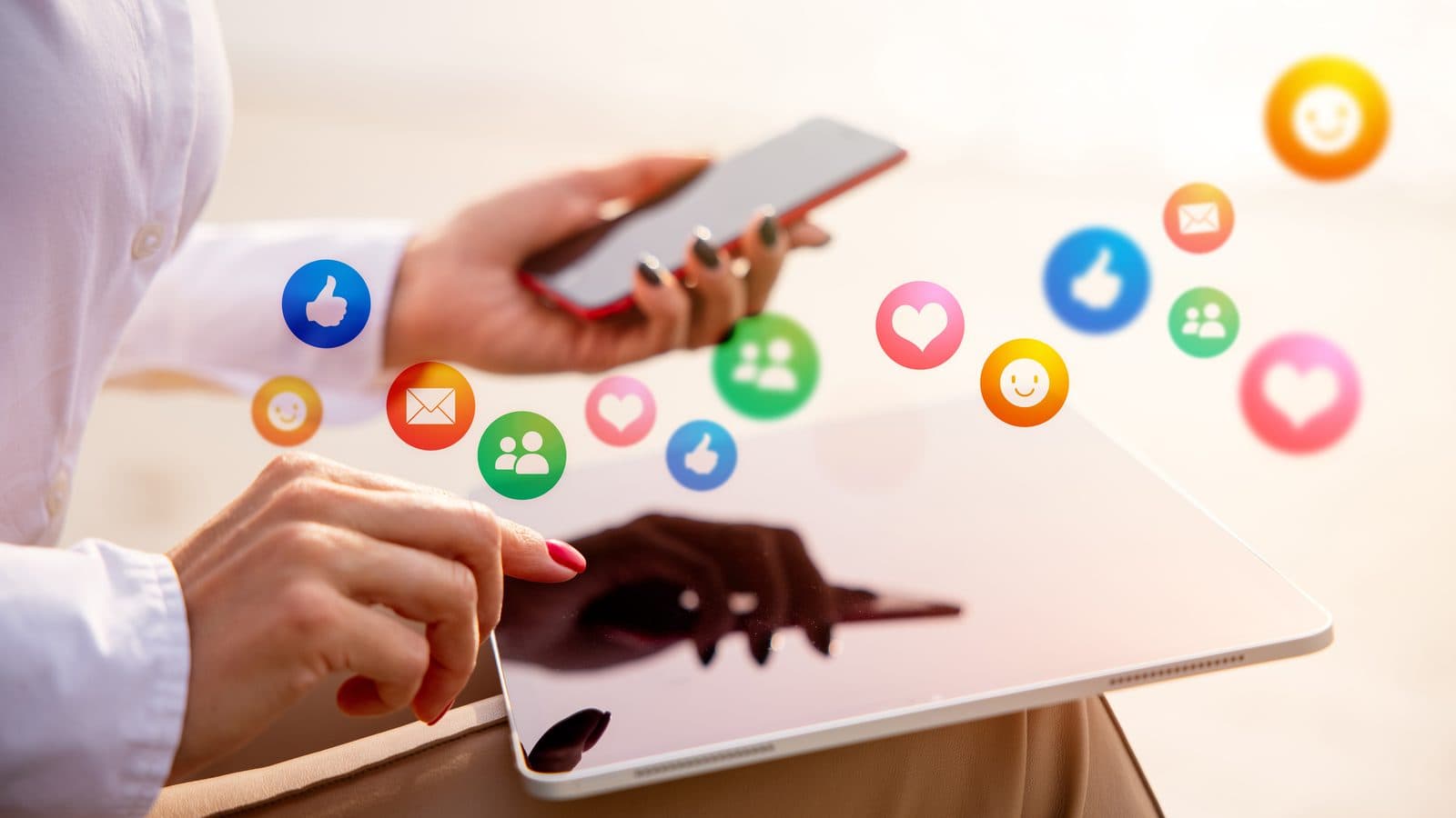 A person holding a phone above a tablet as like, heart, chat and emoji icons float between them