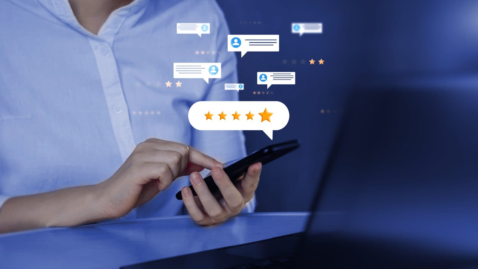A person holding a phone as five star rating and review bubbles float above the screen